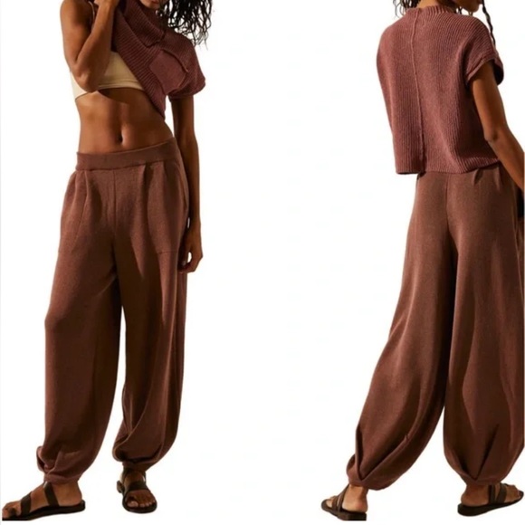 FreePeople Beach Brown Drawstring Wide Leg Joggers Sz Large Women - Picture 1 of 13
